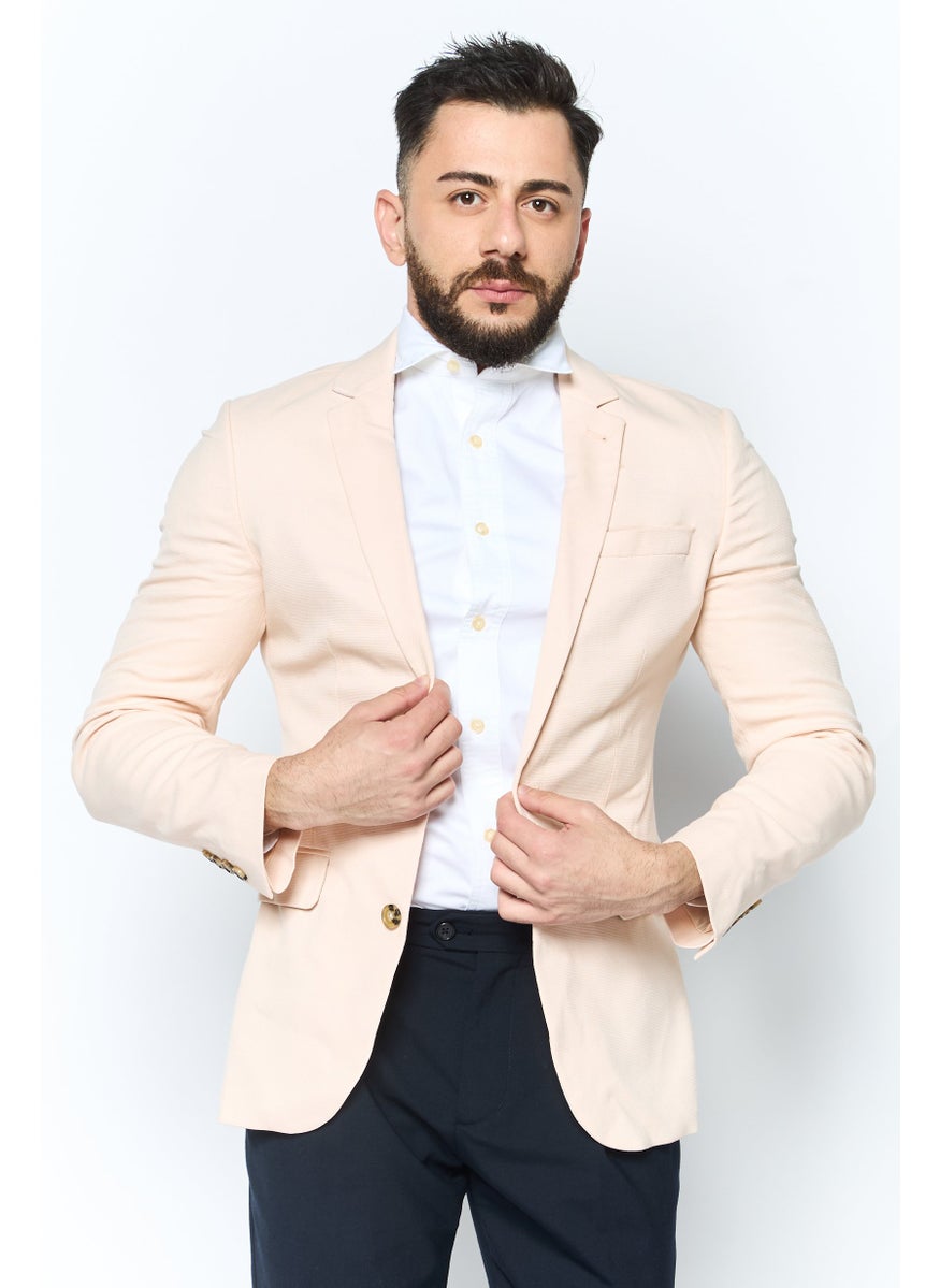 Men Textured Semi Formal Blazer, Beige