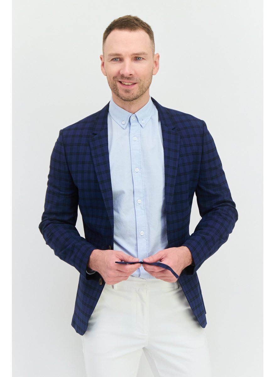 Men Skinny Fit Plaid Semi-Formal Blazer, Blue