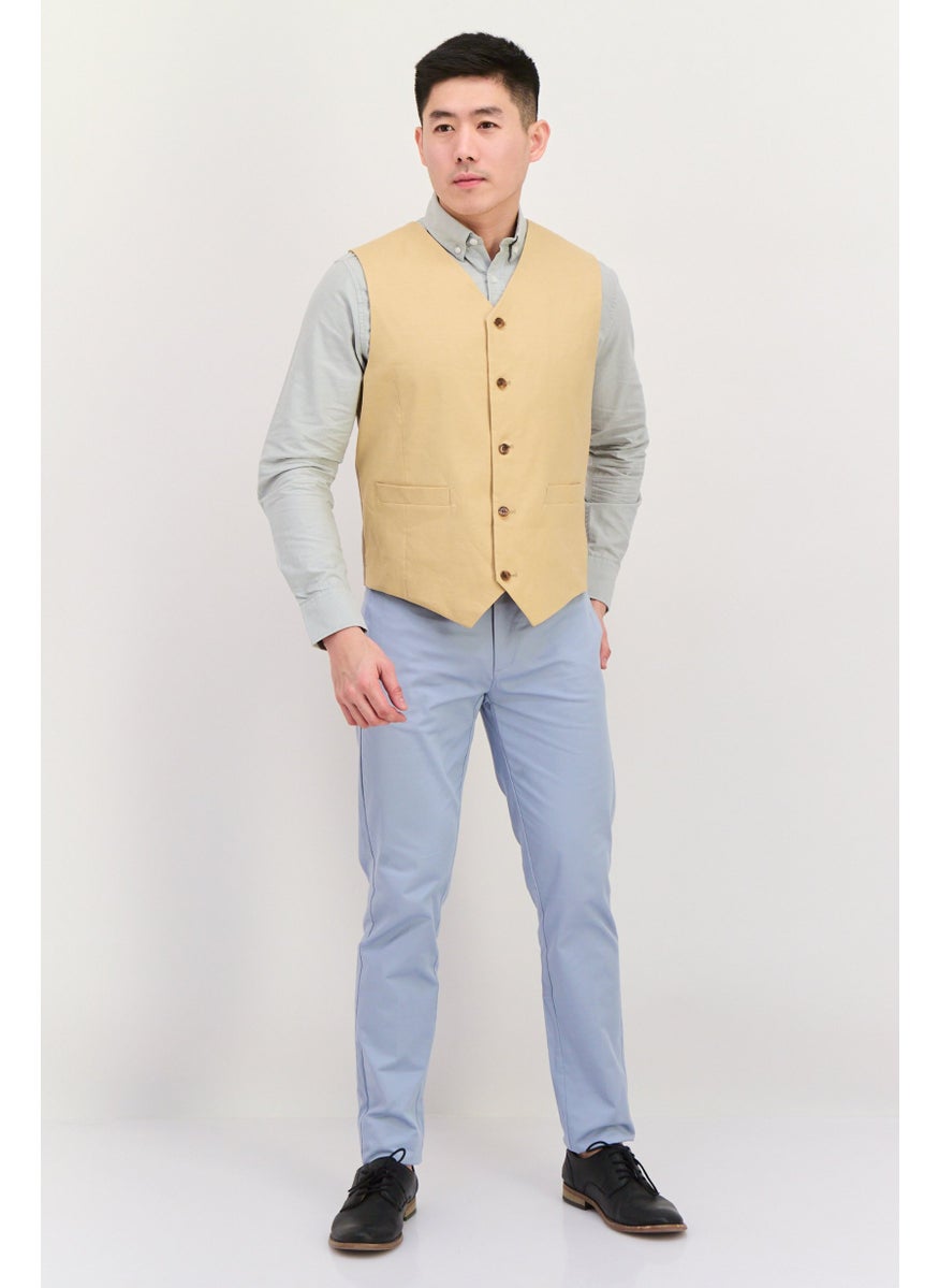 Men Regular Fit Plain Sleeveless Waistcoat, Tan