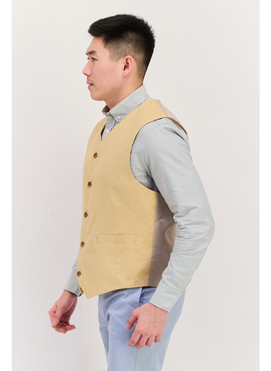 Men Regular Fit Plain Sleeveless Waistcoat, Tan