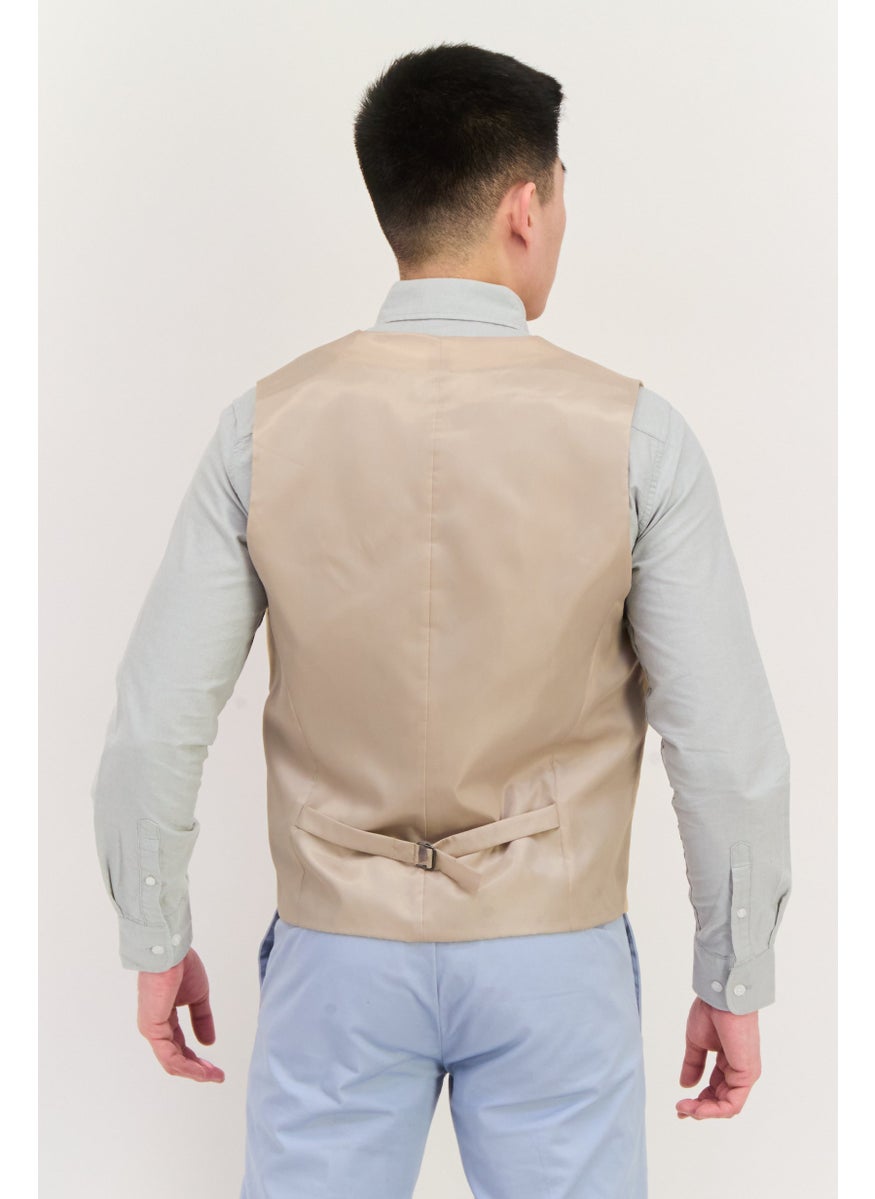 Men Regular Fit Plain Sleeveless Waistcoat, Tan
