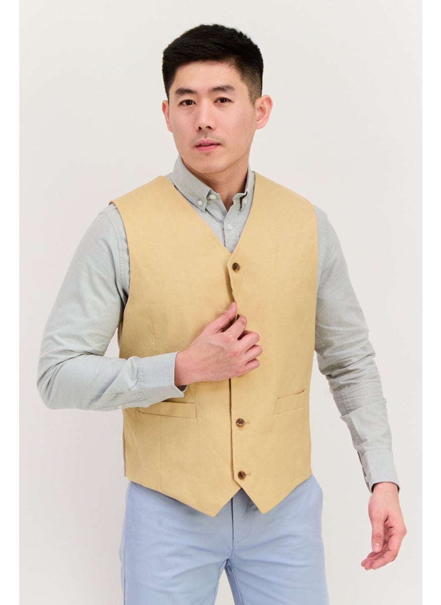 Men Regular Fit Plain Sleeveless Waistcoat, Tan