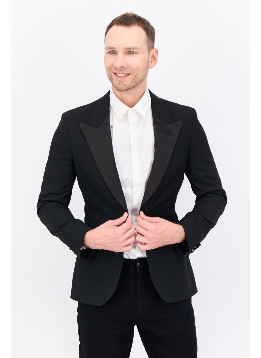 Men Slim Fit Solid Formal Blazer, Black