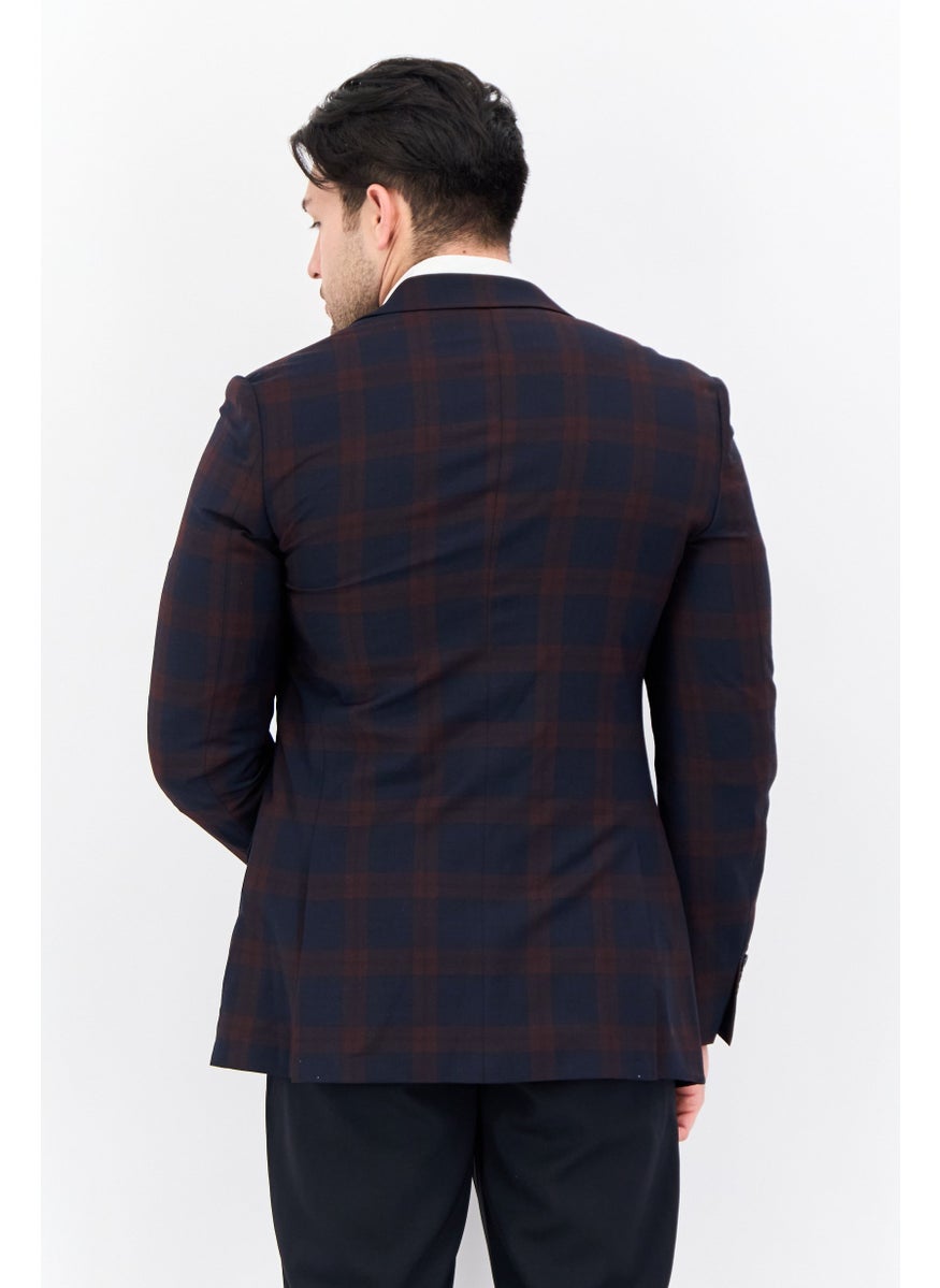 Men Slim Fit Checkered Blazer, Navy