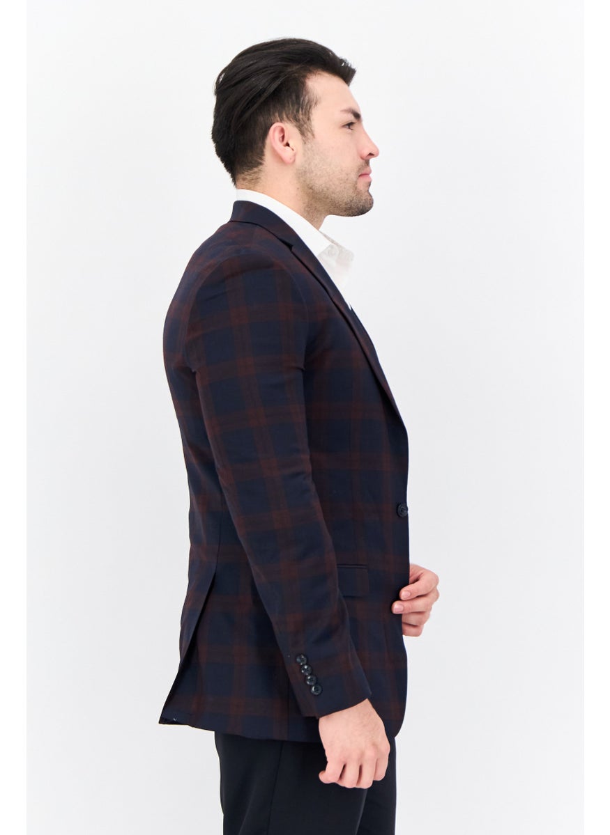 Men Slim Fit Checkered Blazer, Navy