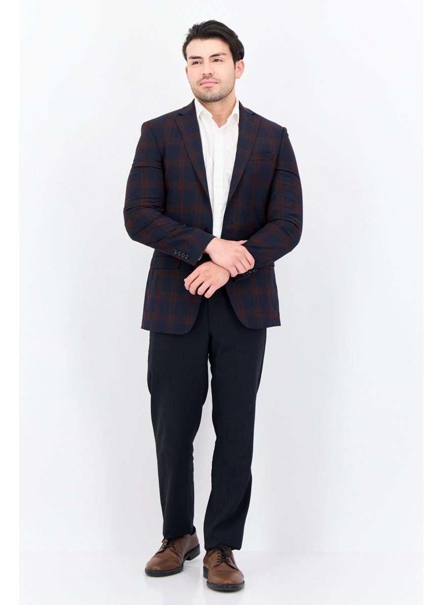 Men Slim Fit Checkered Blazer, Navy