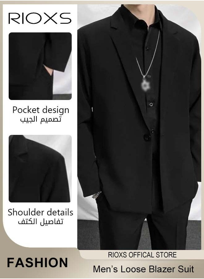 Men's 4 Pieces Fashion Loose Blazer Suit, One Buttons Blazer Jacket & Long Straight Blazer Pants & Long Sleeve Black Shirt & Necklace, Suit for Fashion Party or Daily Wear