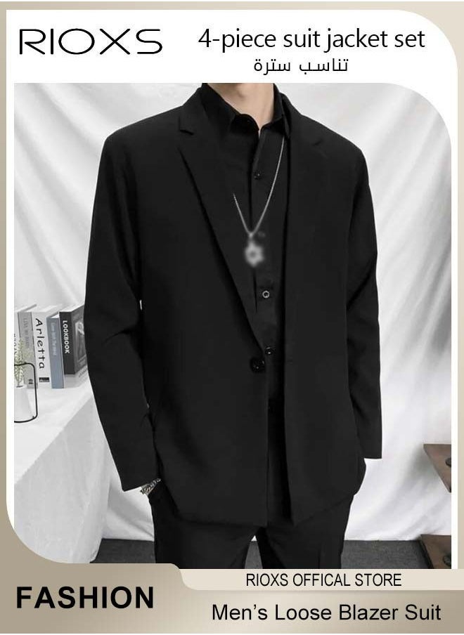 Men's 4 Pieces Fashion Loose Blazer Suit, One Buttons Blazer Jacket & Long Straight Blazer Pants & Long Sleeve Black Shirt & Necklace, Suit for Fashion Party or Daily Wear