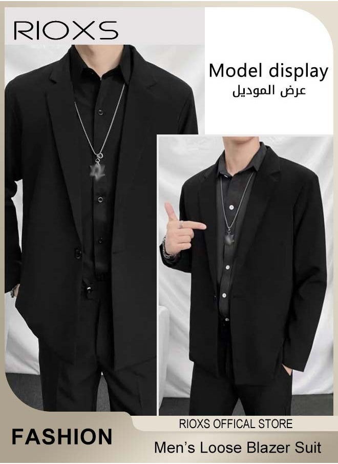 Men's 4 Pieces Fashion Loose Blazer Suit, One Buttons Blazer Jacket & Long Straight Blazer Pants & Long Sleeve Black Shirt & Necklace, Suit for Fashion Party or Daily Wear