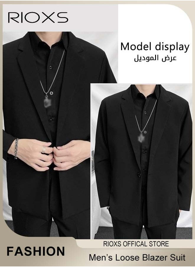 Men's 4 Pieces Fashion Loose Blazer Suit, One Buttons Blazer Jacket & Long Straight Blazer Pants & Long Sleeve Black Shirt & Necklace, Suit for Fashion Party or Daily Wear