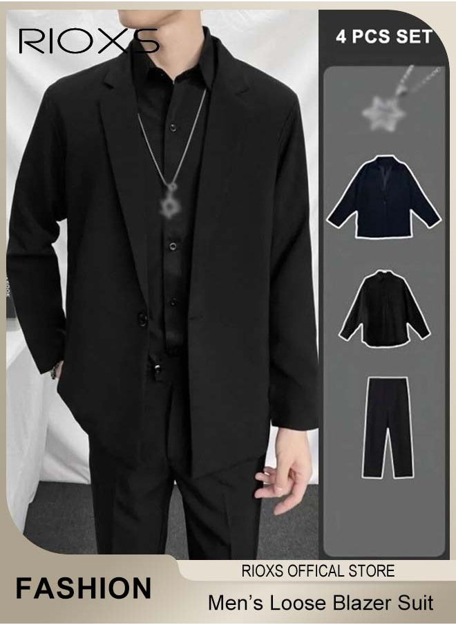 Men's 4 Pieces Fashion Loose Blazer Suit, One Buttons Blazer Jacket & Long Straight Blazer Pants & Long Sleeve Black Shirt & Necklace, Suit for Fashion Party or Daily Wear