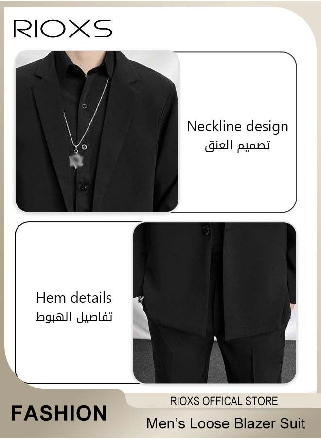 Men's 4 Pieces Fashion Loose Blazer Suit, One Buttons Blazer Jacket & Long Straight Blazer Pants & Long Sleeve Black Shirt & Necklace, Suit for Fashion Party or Daily Wear