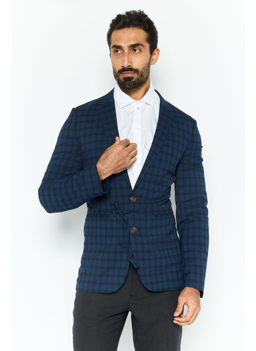 Men Regular Fit Plaid Causal Belted Suit Jacket, Navy