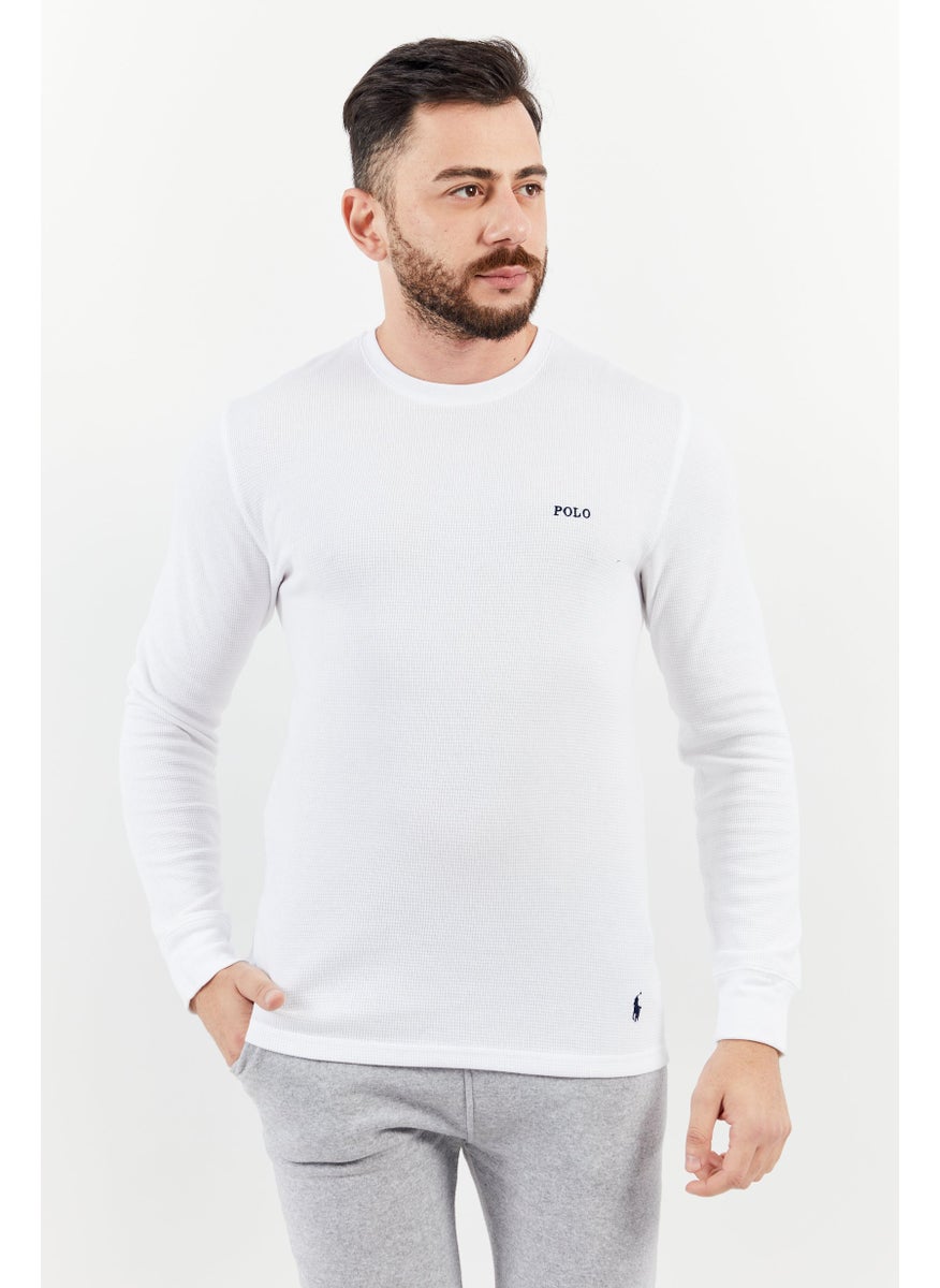 Men Round Neck Brand Logo Long Sleeve Sleepwear, White