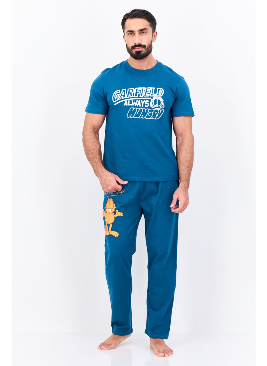 Men 2Pc Garfield Print Pajama Set, Teal