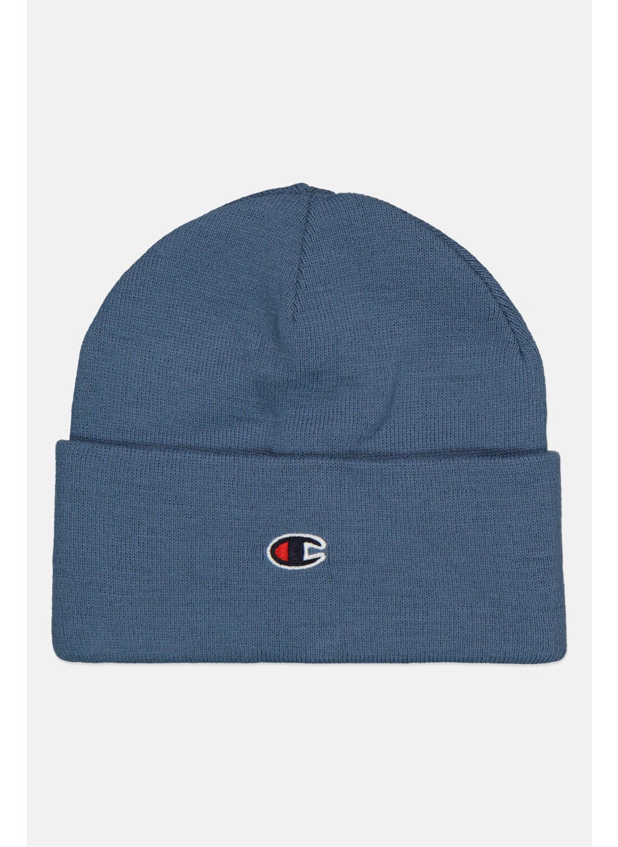 Men Embroidered Logo Knitted Beanie, Blue