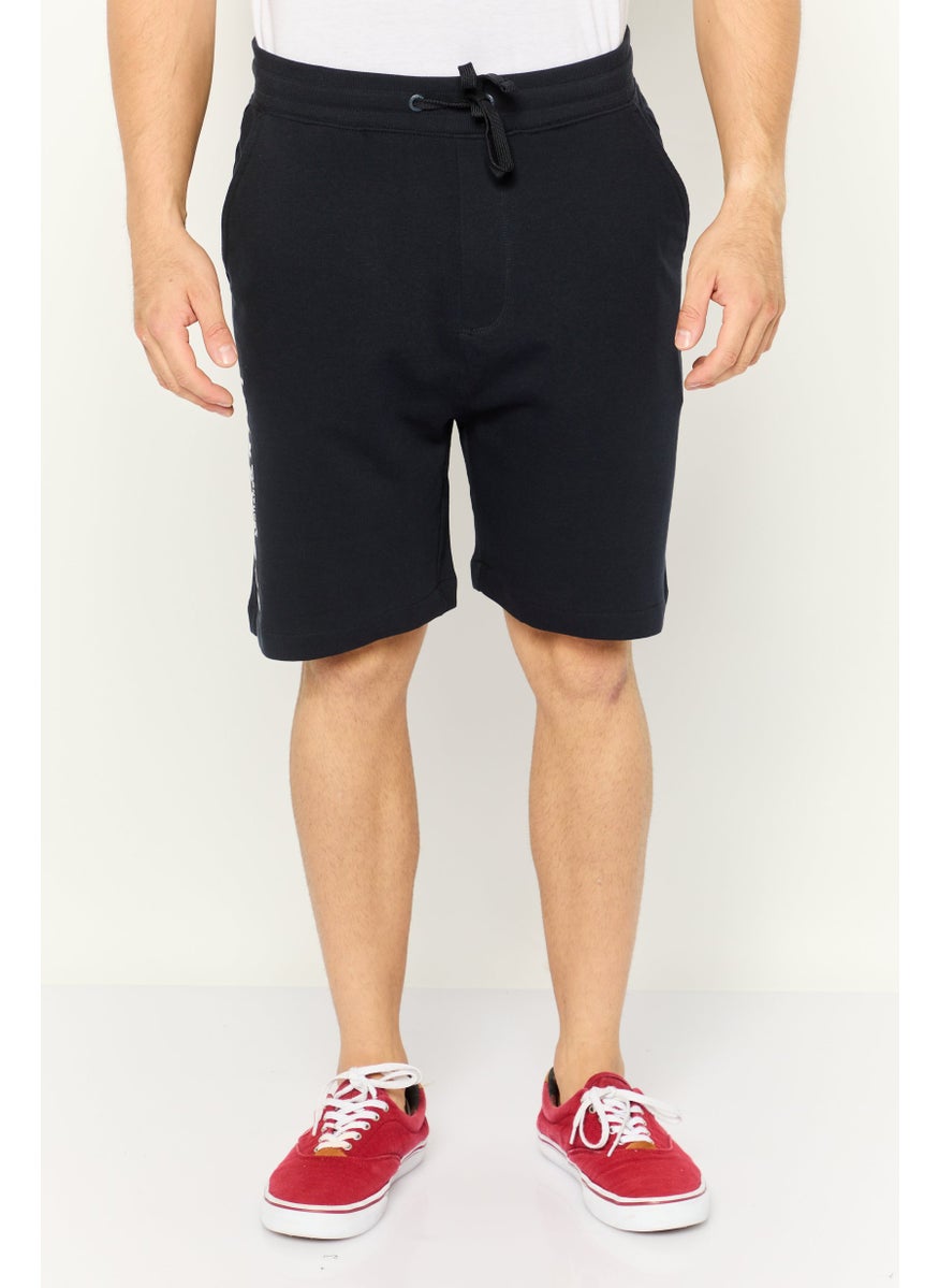 Men Regular Fit Brand Logo Drawstring Shorts, Navy