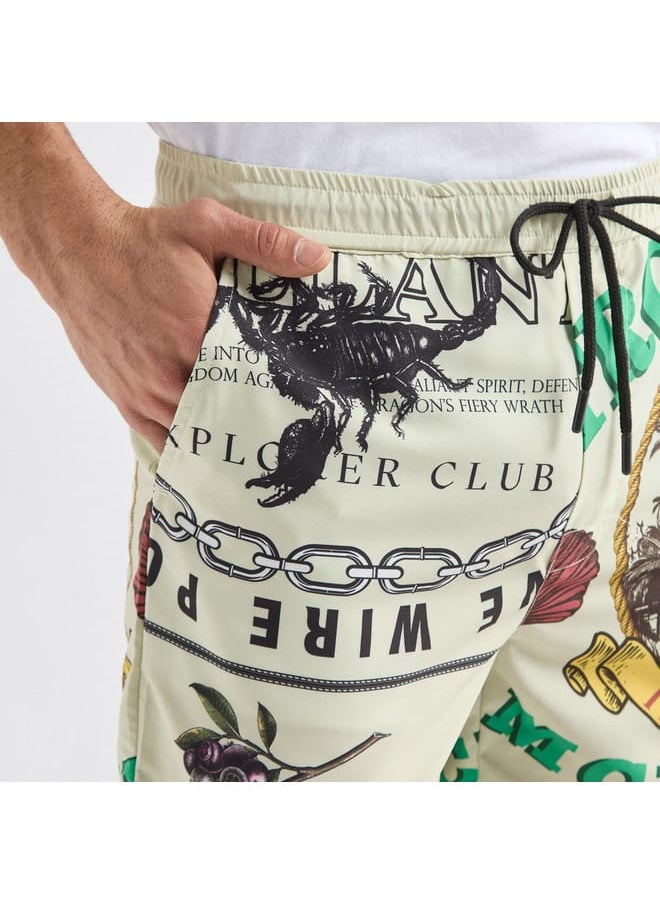 Palm Tree Print Shorts with Drawstring Closure and Pockets