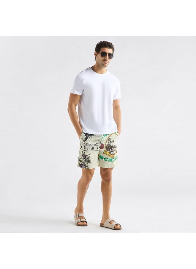 Palm Tree Print Shorts with Drawstring Closure and Pockets