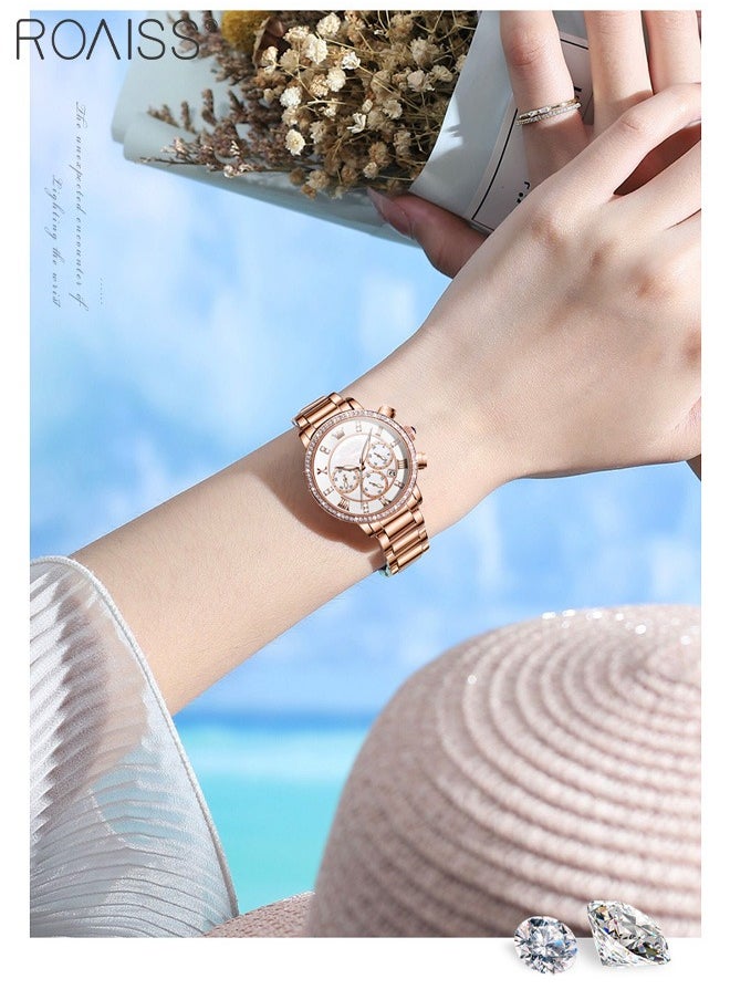 Women's Steel Strap Chronograph Quartz Watch Round Dial with Diamonds Decoration and Date Display Waterproof Luxurious Luminous Wristwatch as Gift for Ladies