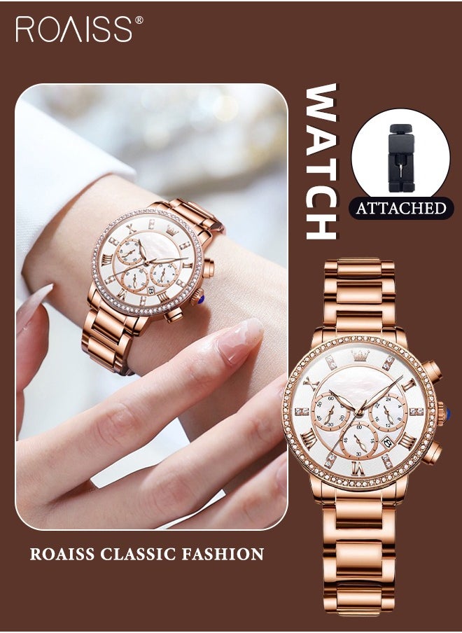 Women's Steel Strap Chronograph Quartz Watch Round Dial with Diamonds Decoration and Date Display Waterproof Luxurious Luminous Wristwatch as Gift for Ladies
