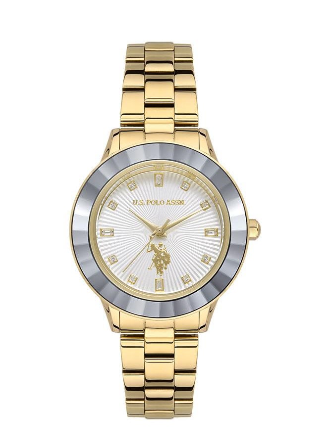 U.S. Polo Assn. Fundamental 36mm Ladies' White Dial Watch with Gold Stainless Steel Band and Abstract Design Bezel - USPA2044-03, Boldly Stylish Sophistication