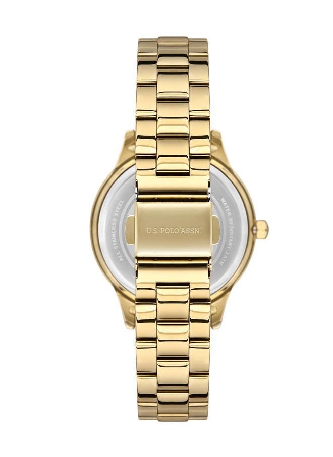 U.S. Polo Assn. Fundamental 36mm Ladies' White Dial Watch with Gold Stainless Steel Band and Abstract Design Bezel - USPA2044-03, Boldly Stylish Sophistication