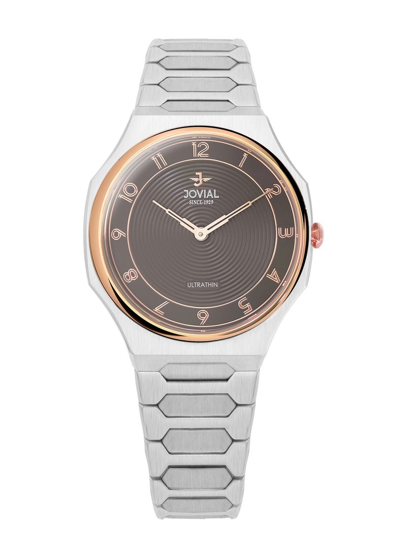 JOVIAL 1544LSMQ10E Women's Stainless Steel Band Watch, Ultrathin, 30mm, Brown Dial