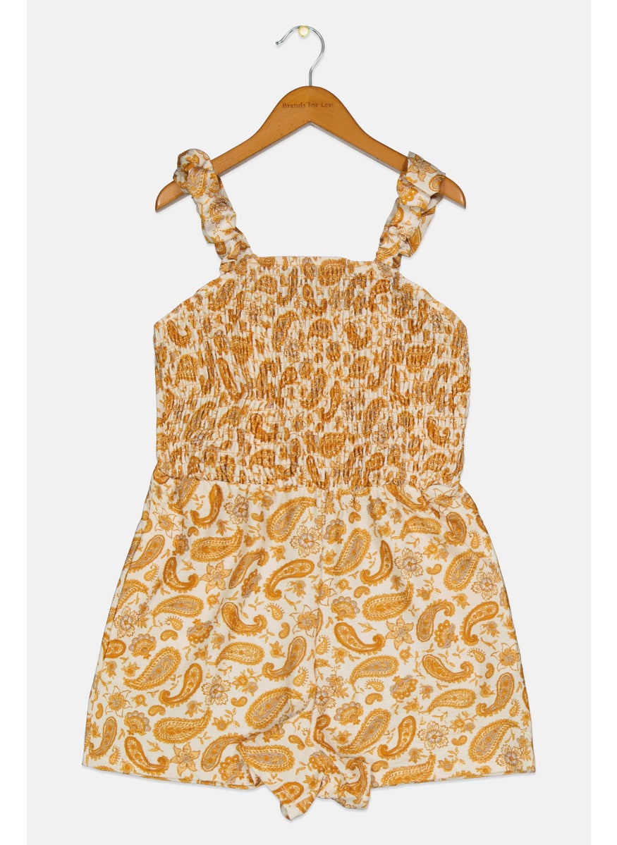 Kids Girl Paisley Print Sleeveless Romper, Golden Yellow