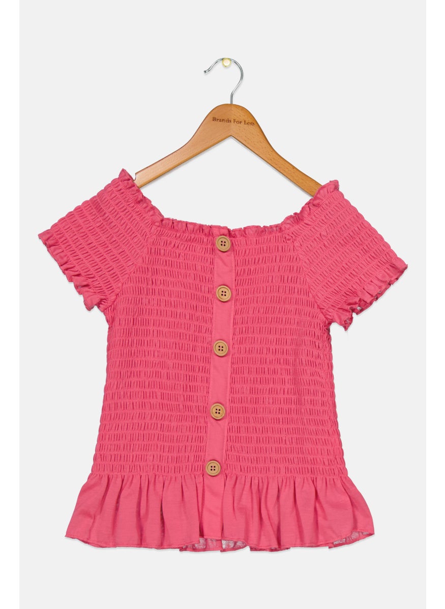 Kids Girl Square Neck Short Sleeve Ruched Smocked Top, Hot Pink