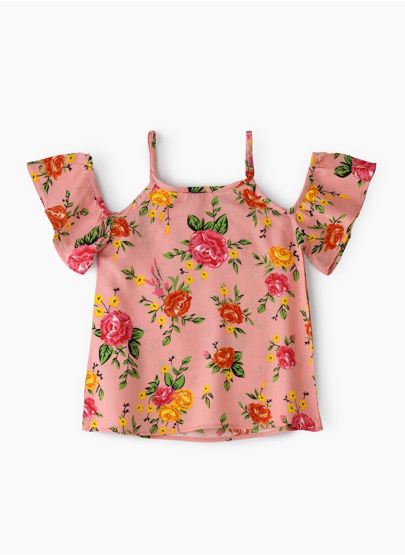 Girls' Pink Floral Cold Shoulder Top