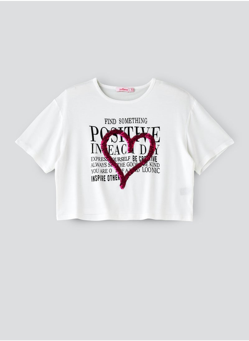 Girls' White Crop Top with Positive Message and Heart Sequins