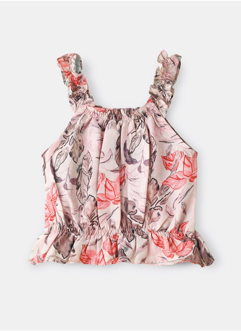 Girls Pink Floral Ruffled Top