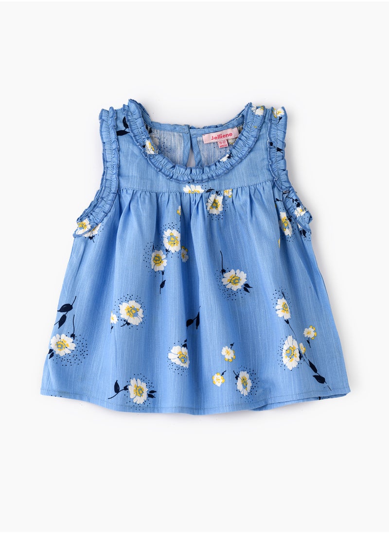 Girls' Blue Floral Sleeveless Ruffled Top