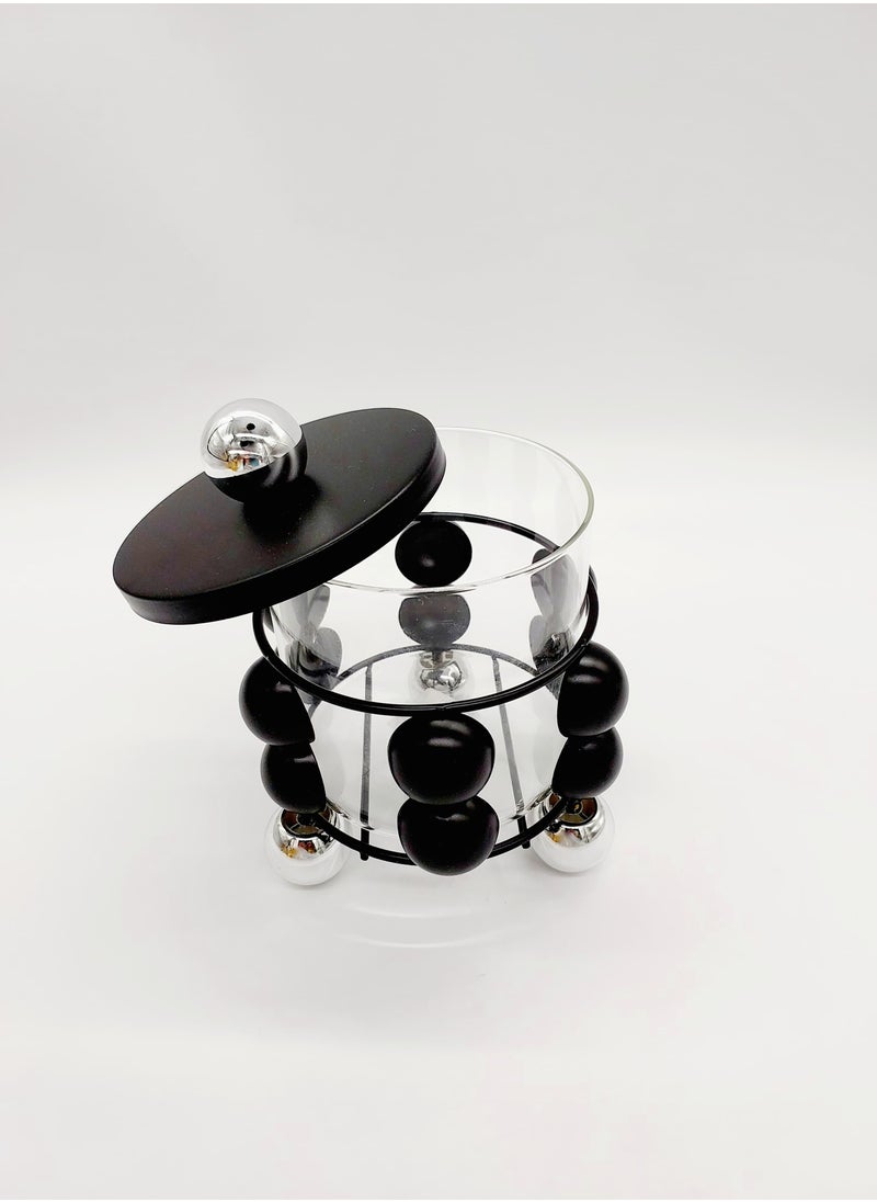 Candy Bowl Chocolate Nuts Saffron Glass Jar With Stand Candy  Black & Steel Color 17cm