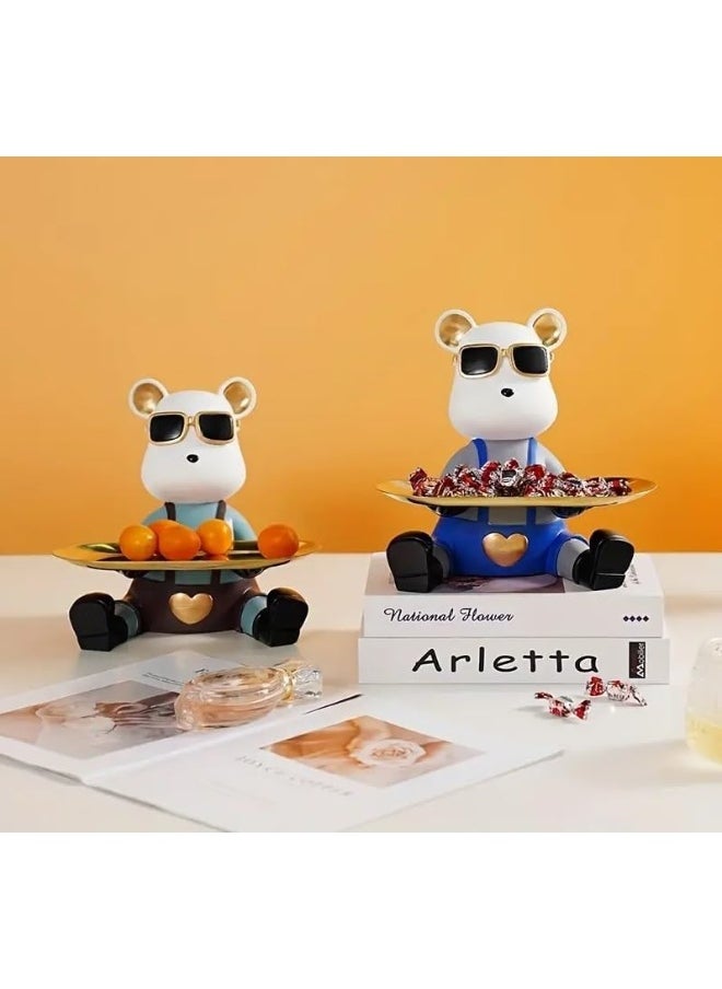 Creative Bear Sculpture Jewelry Tray Dish Key Bowl Resin Cute Animal Decorative for Entryway Coffee Living Room Shelf-Candy Tray (A)