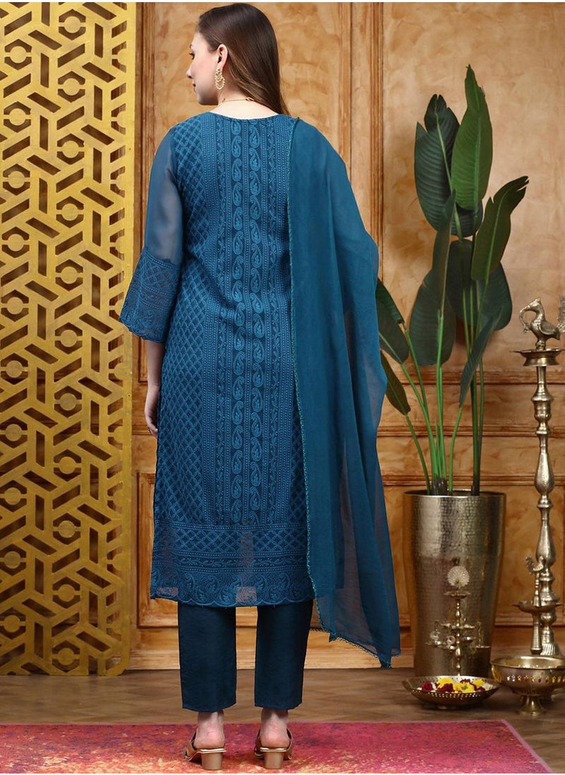 Regular Fit Three-Quarter Sleeve Printed Teal Silk Woven Kurta Set For Women Flat Collar Perfect For Wedding And Engagement Pull On Closure