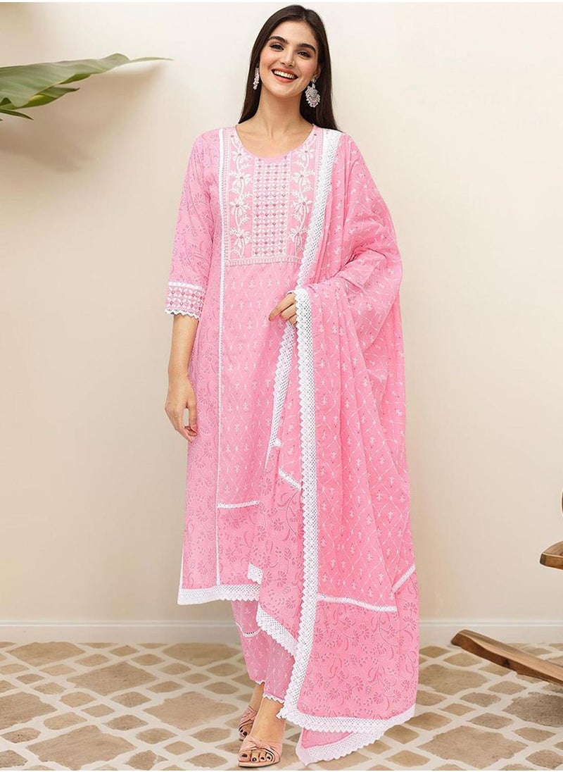 Regular Fit Three-Quarter Sleeve Printed Pink Cotton Woven Kurta Set For Women Flat Collar Perfect For Wedding And Engagement Pull On Closure