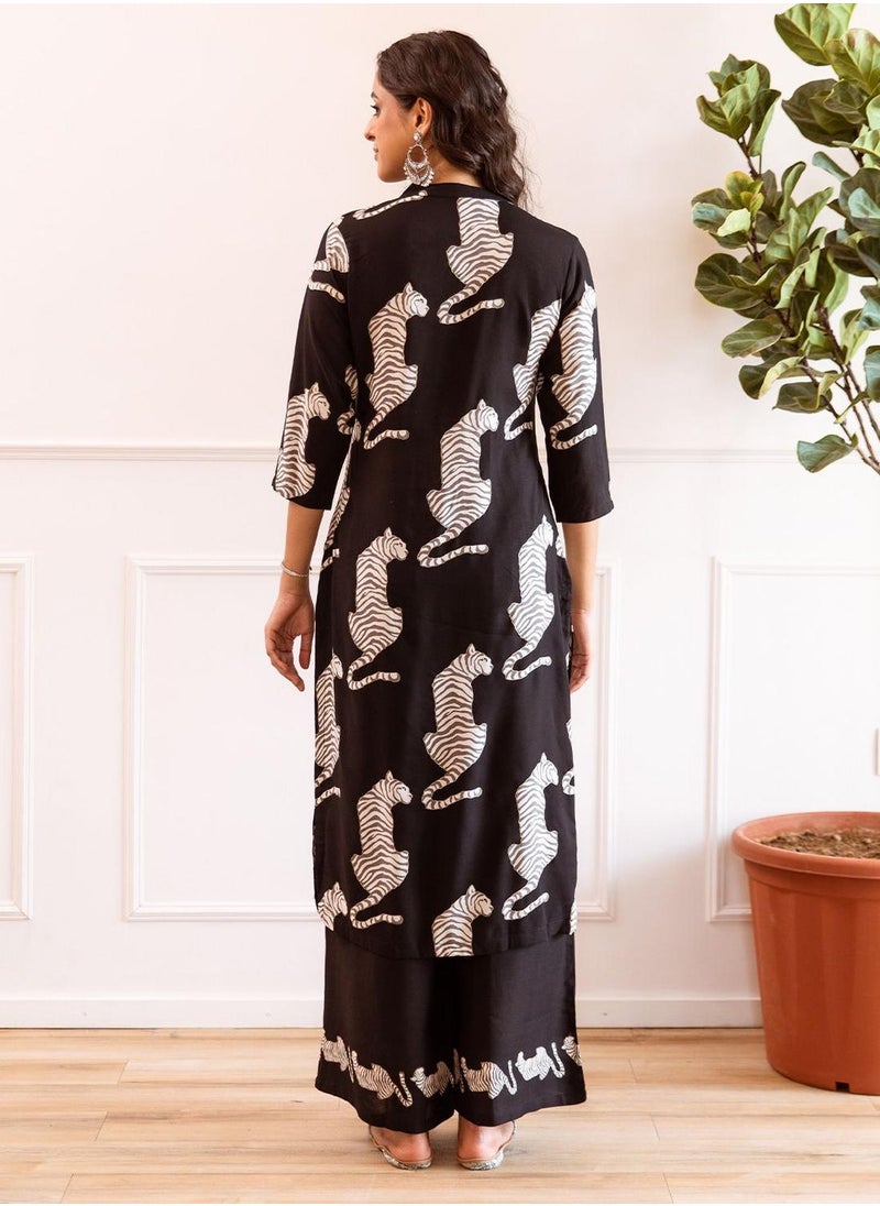 Regular Fit Three-Quarter Sleeve Printed Black Rayon Woven Kurta Set For Women Flat Collar Perfect For Wedding And Engagement Pull On Closure