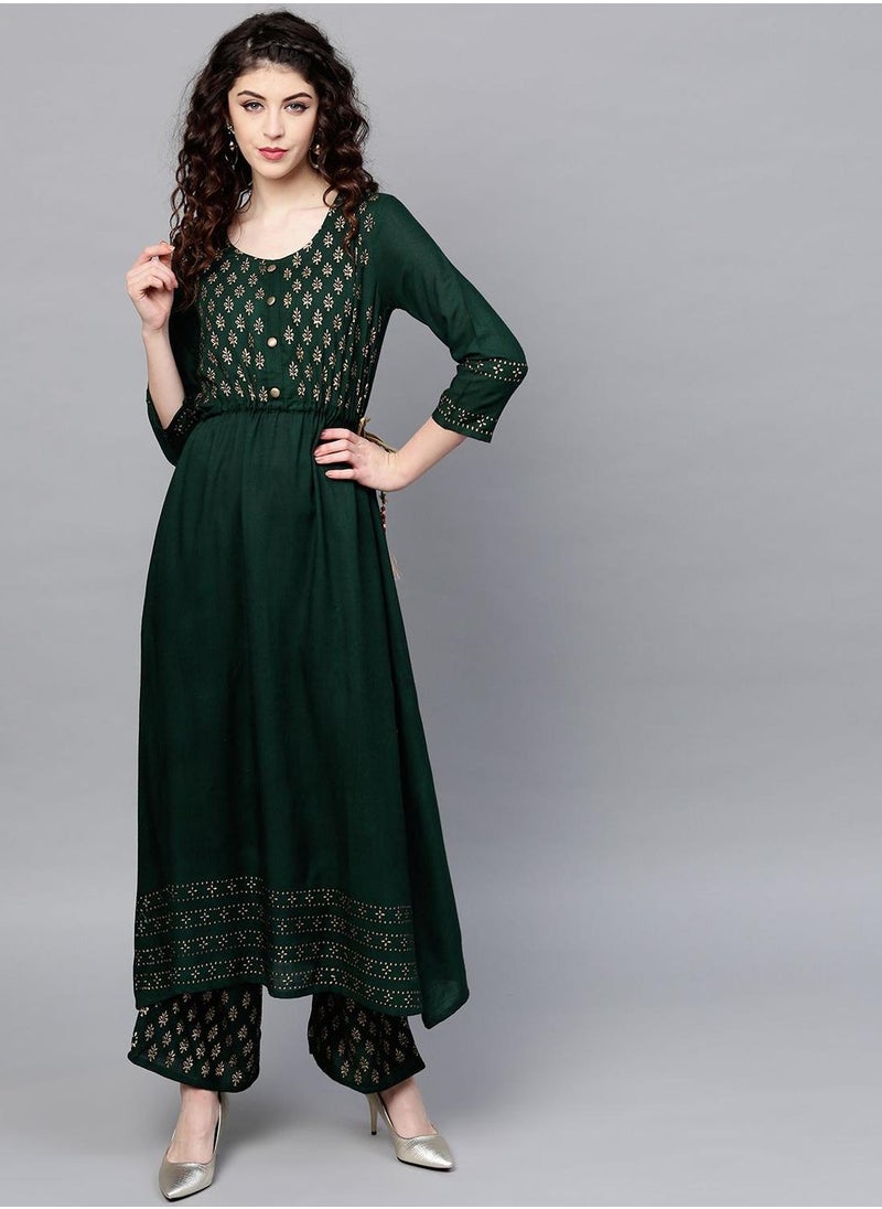 Regular Fit Three-Quarter Sleeve Floral Printed Green Cotton Woven Palazzo Kurta Set For Women Flat Collar Perfect For Wedding And Engagement Pull On Closure