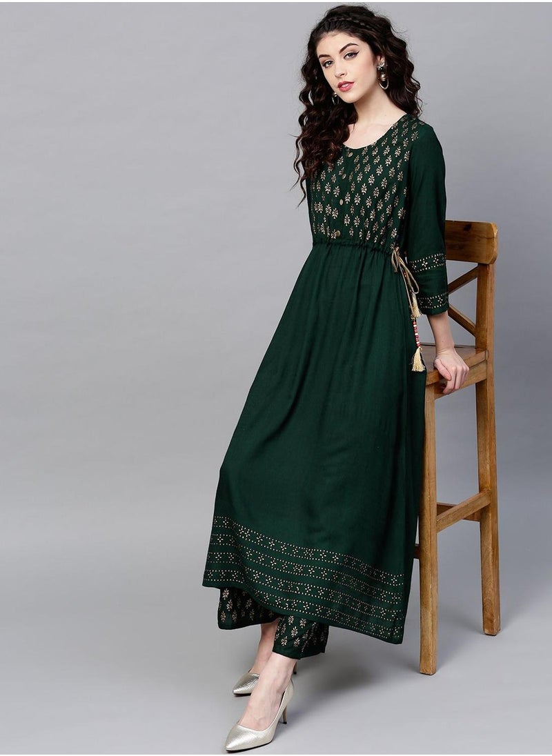 Regular Fit Three-Quarter Sleeve Floral Printed Green Cotton Woven Palazzo Kurta Set For Women Flat Collar Perfect For Wedding And Engagement Pull On Closure