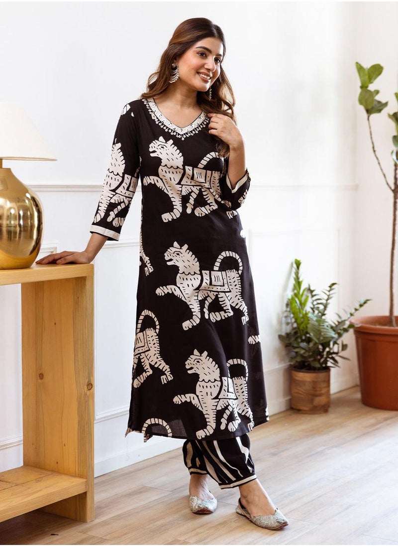 Regular Fit Three-Quarter Sleeve Printed Black Rayon Woven Kurta Set For Women Flat Collar Perfect For Wedding And Engagement Pull On Closure