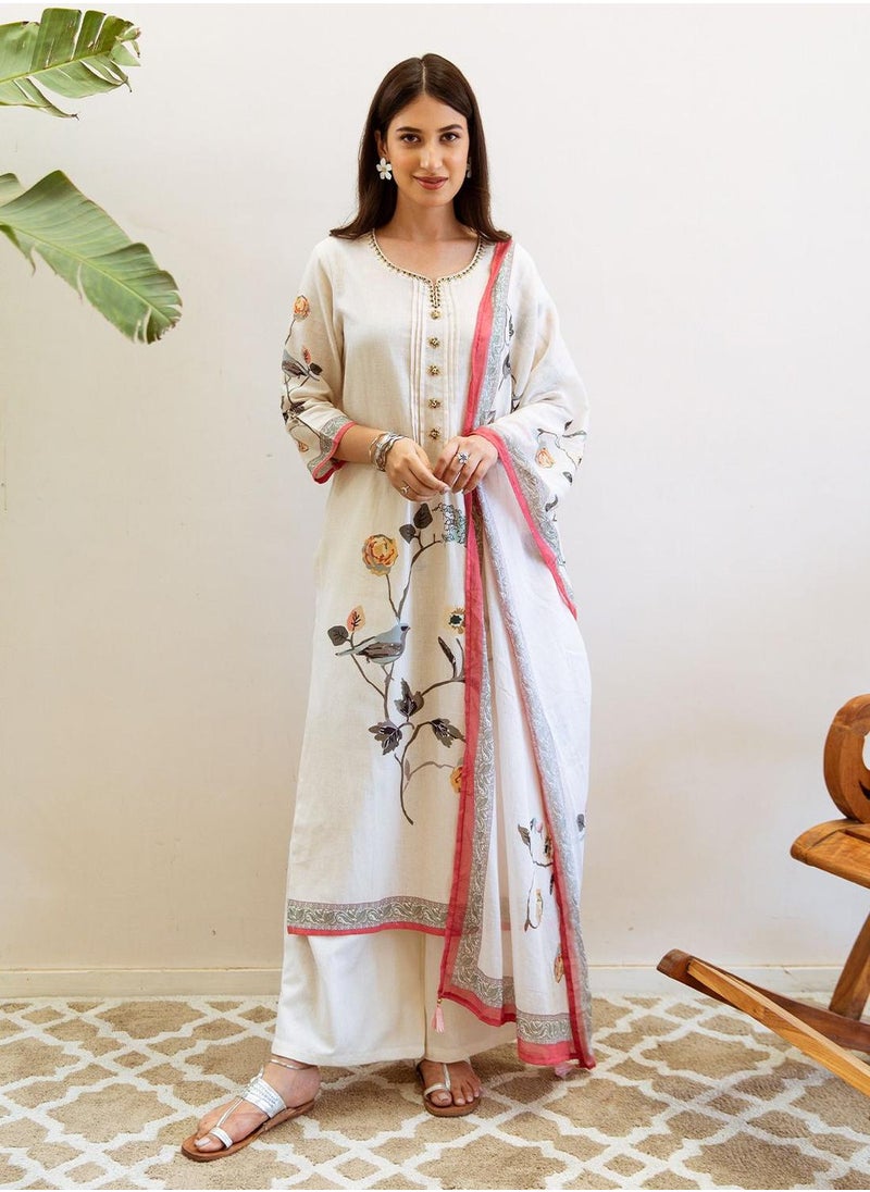 Regular Fit Three-Quarter Sleeve Printed Cream Linen Woven Kurta Set For Women Flat Collar Perfect For Wedding And Engagement Pull On Closure