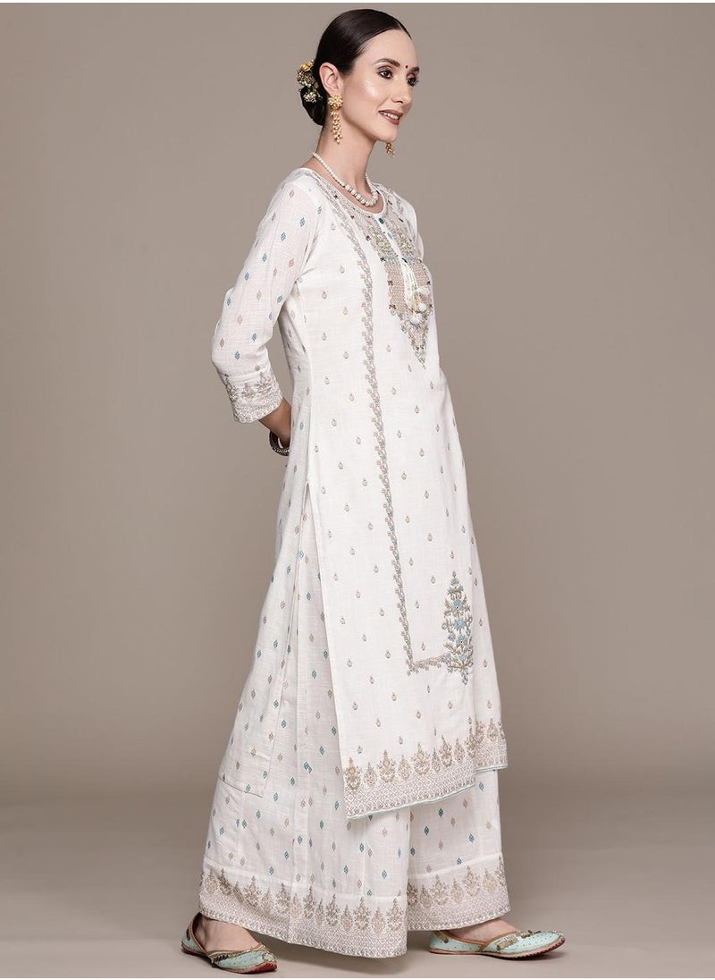 Regular Fit Three-Quarter Sleeve Embroidered Off White Cotton Woven A-Line Kurta Set For Women Flat Collar Perfect For Wedding And Engagement Pull On Closure