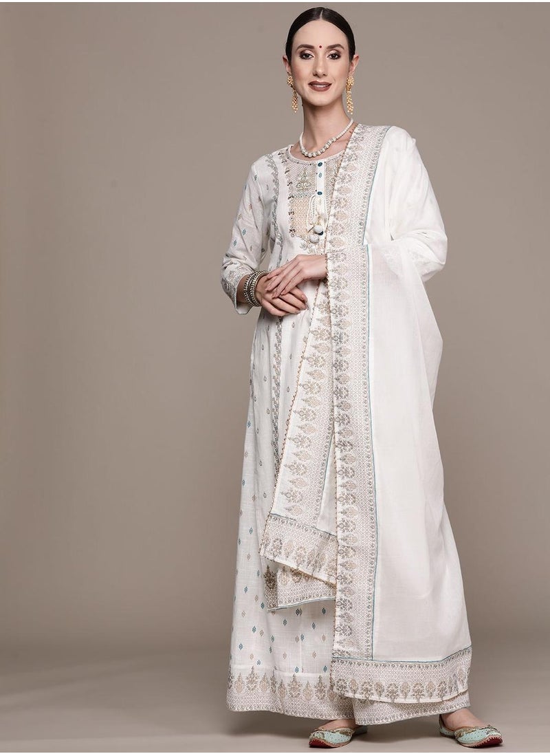 Regular Fit Three-Quarter Sleeve Embroidered Off White Cotton Woven A-Line Kurta Set For Women Flat Collar Perfect For Wedding And Engagement Pull On Closure