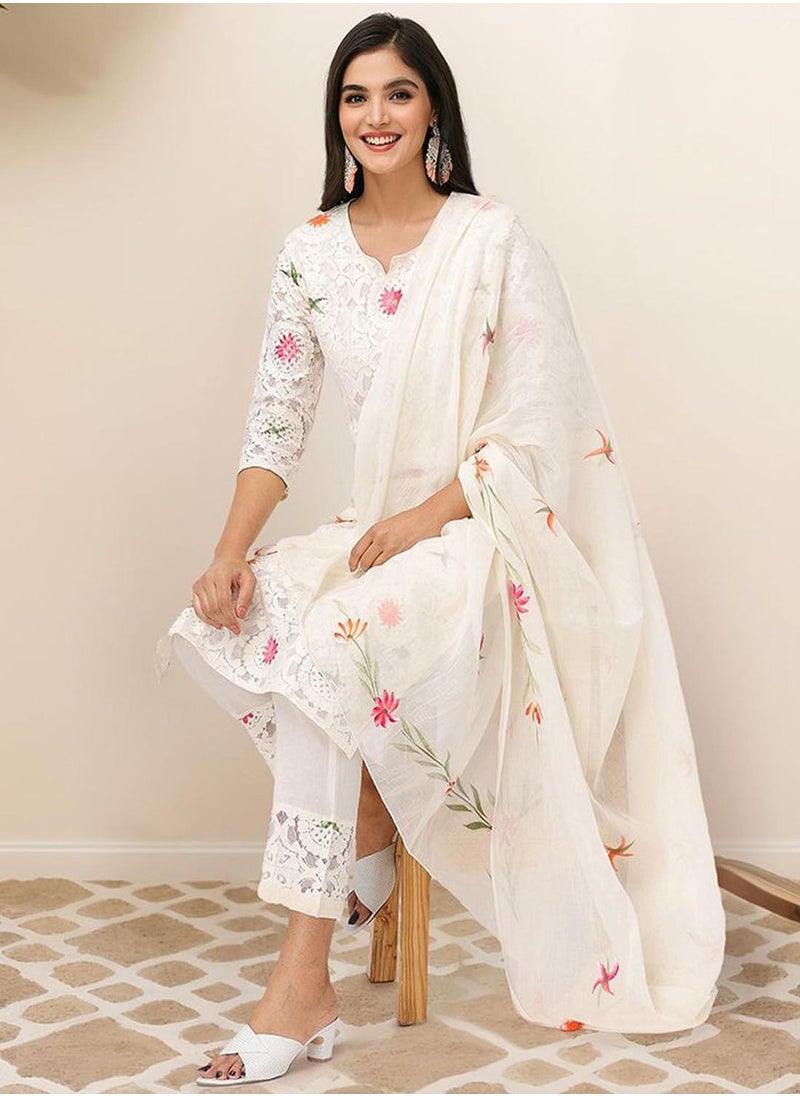 Regular Fit Three-Quarter Sleeve Printed Off White Cotton Woven Kurta Set For Women Flat Collar Perfect For Wedding And Engagement Pull On Closure