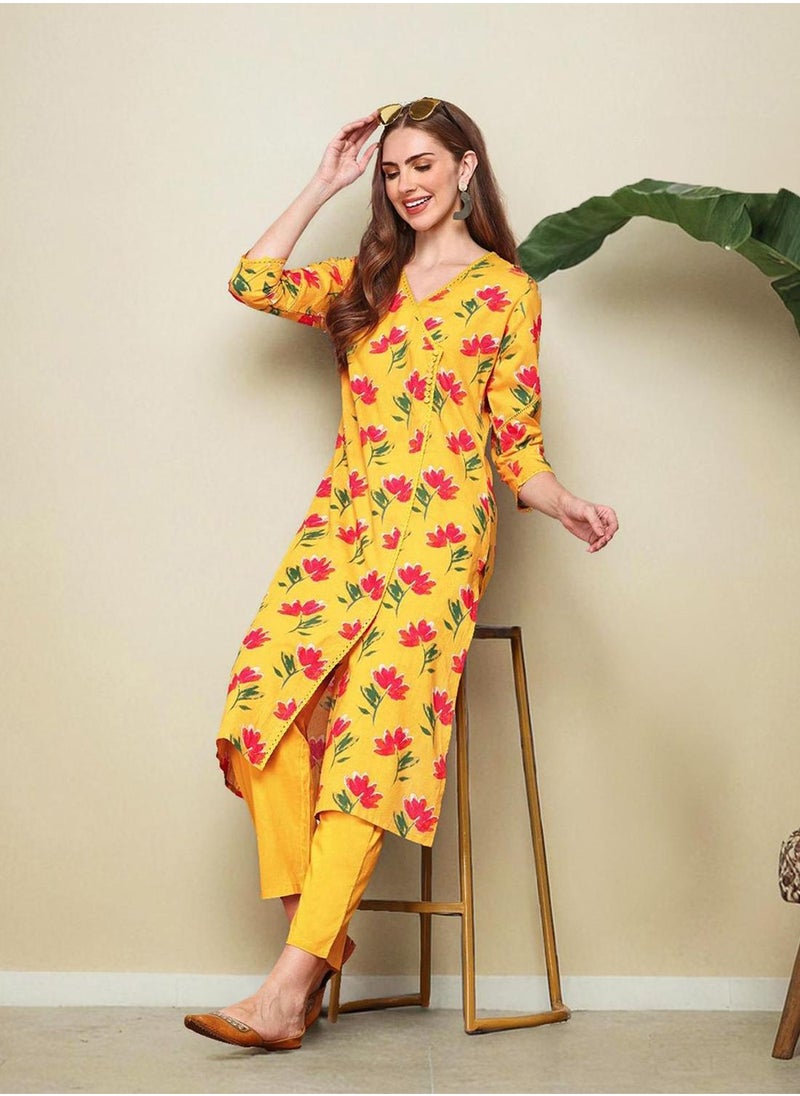 Regular Fit Three-Quarter Sleeve Printed Mustard Cotton Woven Kurta Set For Women Flat Collar Perfect For Wedding And Engagement Pull On Closure