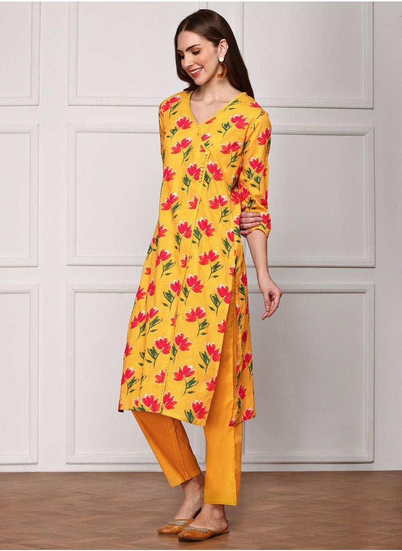 Regular Fit Three-Quarter Sleeve Printed Mustard Cotton Woven Kurta Set For Women Flat Collar Perfect For Wedding And Engagement Pull On Closure