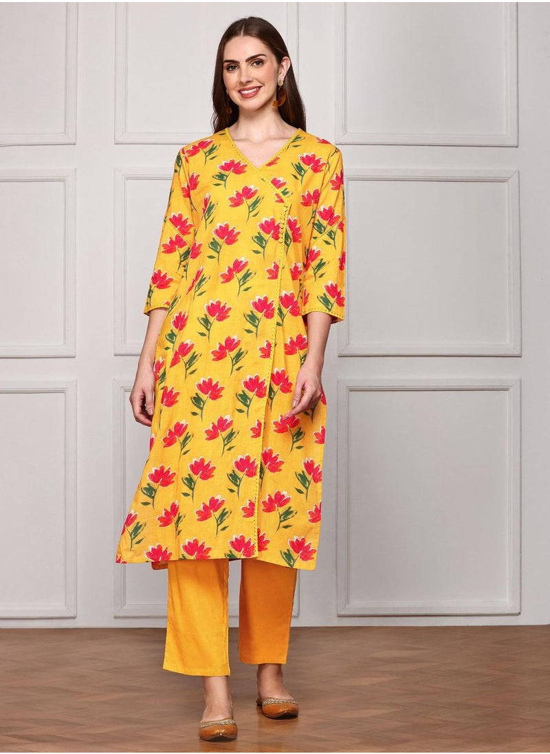 Regular Fit Three-Quarter Sleeve Printed Mustard Cotton Woven Kurta Set For Women Flat Collar Perfect For Wedding And Engagement Pull On Closure