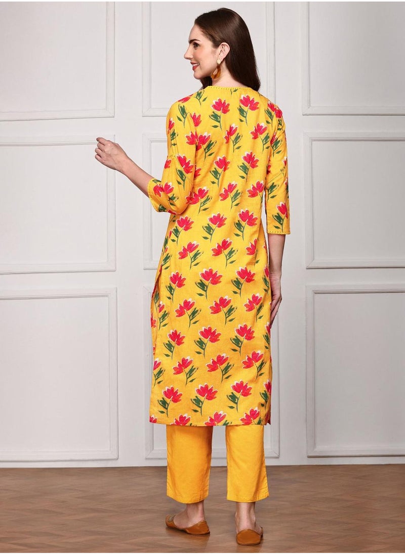 Regular Fit Three-Quarter Sleeve Printed Mustard Cotton Woven Kurta Set For Women Flat Collar Perfect For Wedding And Engagement Pull On Closure